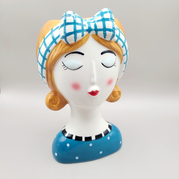 Charming Ceramic Lady Head Vase with Blue Accents - Picture 6 of 6
